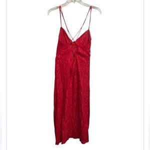 Red Nylon sheer Bodice long chemise Large vintage made in USA